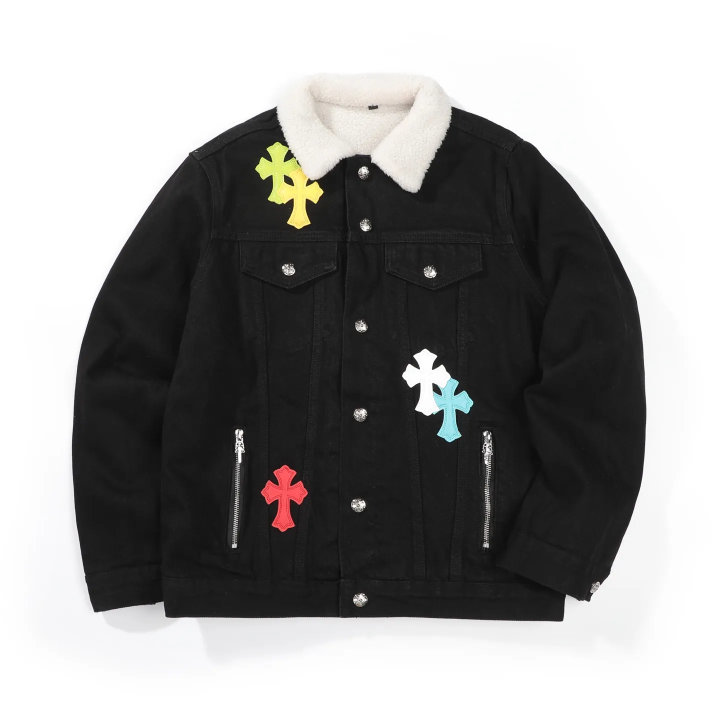 P340 ChromeHearts CH ChromeHearts Lamb Wool Collar Jacket Black Denim Jacket Colorful Cross Patchwork Leather Suede Lamb Wool Lining Fashionable and Personalized Super versatile and good-looking denim jacket Suitable for both men and women A must-have item Packaging Tag Collar Label Washed Wheat Complete Color: Black Size: S-XL